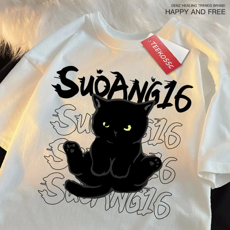 Black Cat Print Tee – Japanese Style, Unisex Oversized Shirt