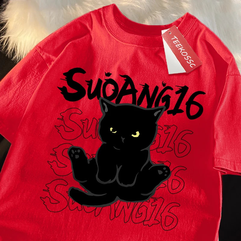 Black Cat Print Tee – Japanese Style, Unisex Oversized Shirt