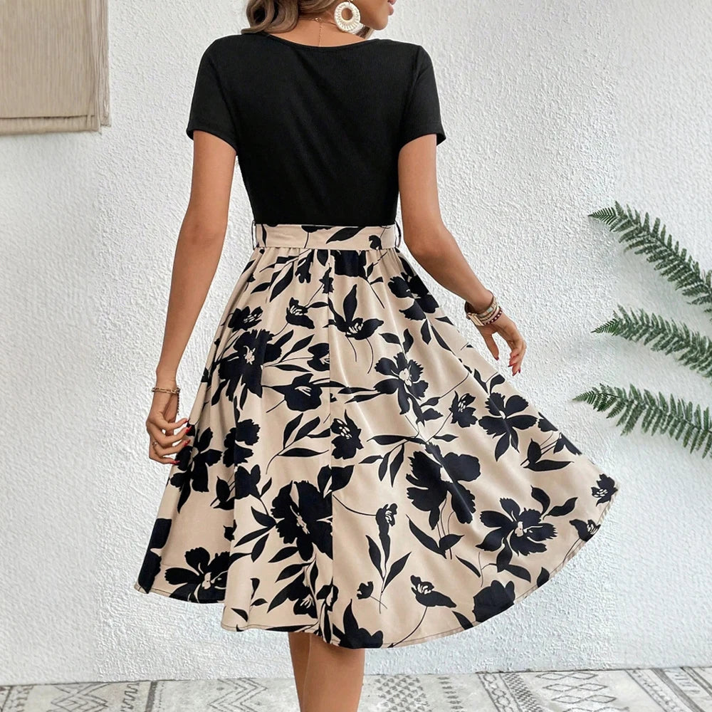Elegant Patchwork Summer Dress – Mia Muse, Floral Print