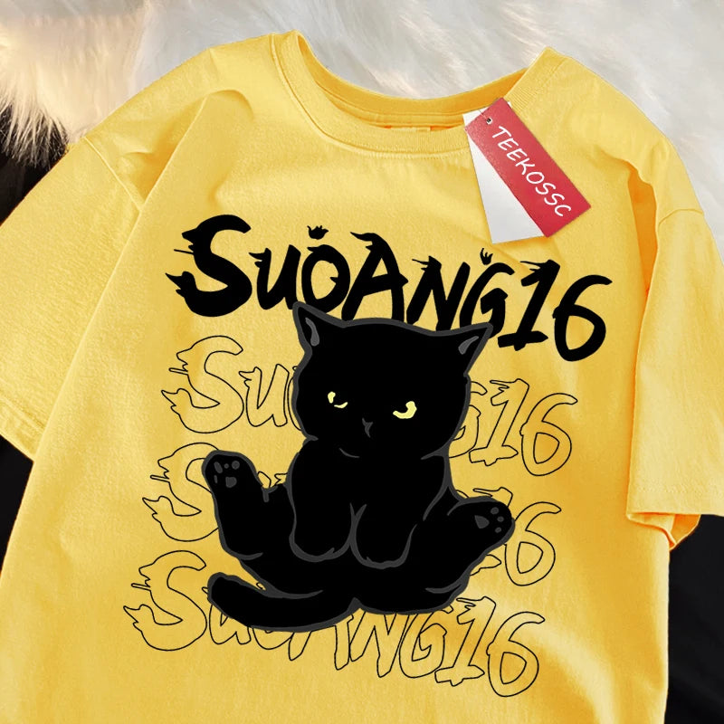Black Cat Print Tee – Japanese Style, Unisex Oversized Shirt