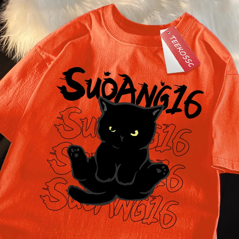 Black Cat Print Tee – Japanese Style, Unisex Oversized Shirt