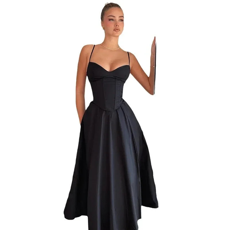 Women's 2024 Summer Long Dress – V-Neck, Open Back, French Style