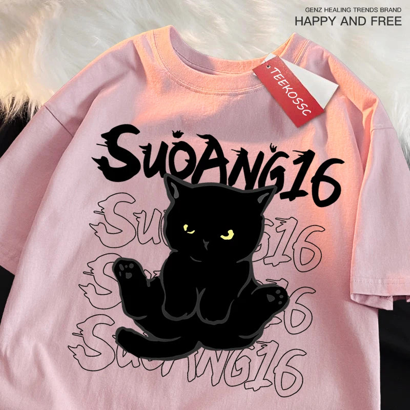 Black Cat Print Tee – Japanese Style, Unisex Oversized Shirt