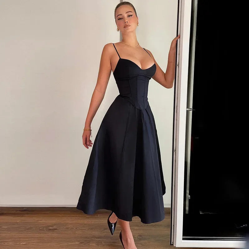 Women's 2024 Summer Long Dress – V-Neck, Open Back, French Style