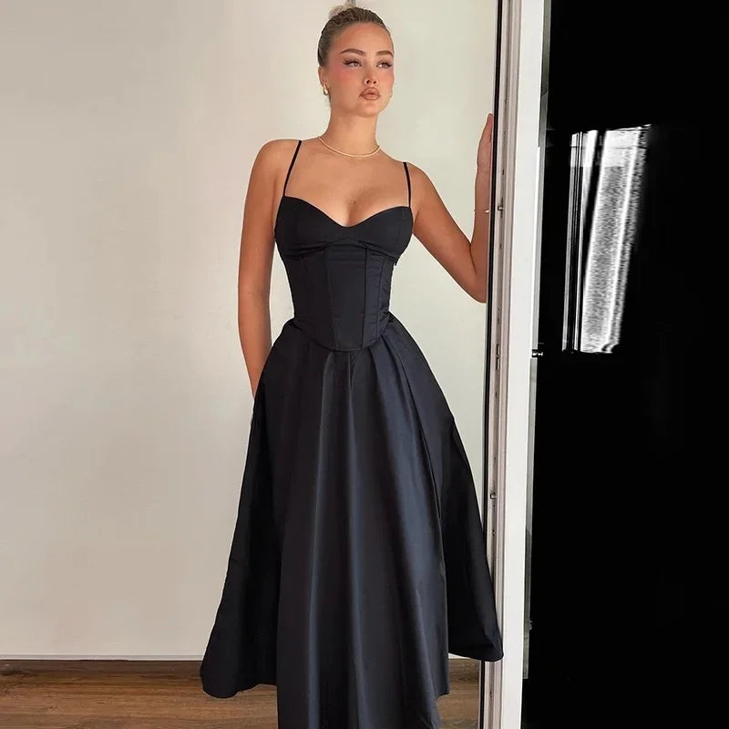 Women's 2024 Summer Long Dress – V-Neck, Open Back, French Style