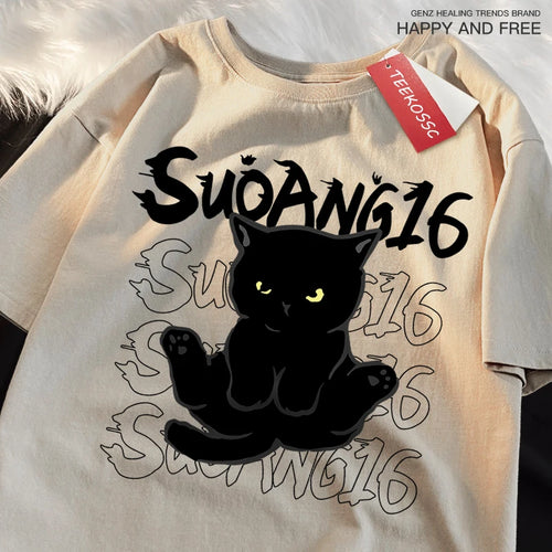 Black Cat Print Tee – Japanese Style, Unisex Oversized Shirt
